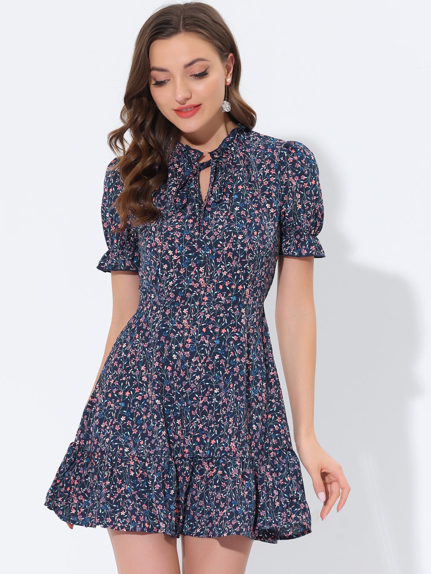 Allegra K Summer Chiffon Tie Neck Puff Short Sleeve Floral Ruffle Smock Dress