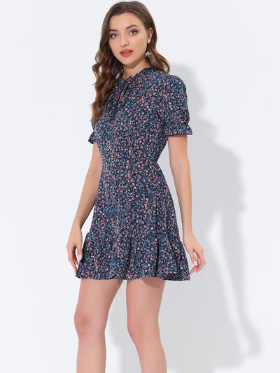 Summer Chiffon Tie Neck Puff Short Sleeve Floral Ruffle Smock Dress