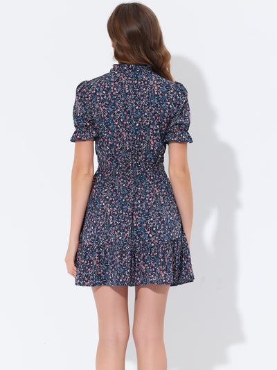 Summer Chiffon Tie Neck Puff Short Sleeve Floral Ruffle Smock Dress