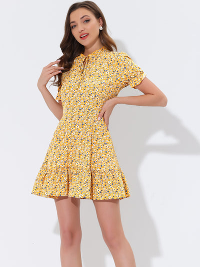 Summer Chiffon Tie Neck Puff Short Sleeve Floral Ruffle Smock Dress