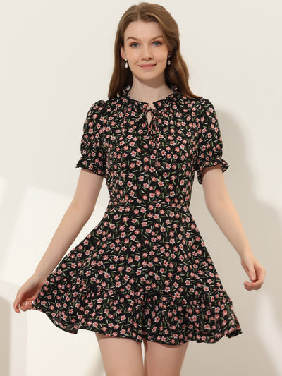 Summer Chiffon Tie Neck Puff Short Sleeve Floral Ruffle Smock Dress