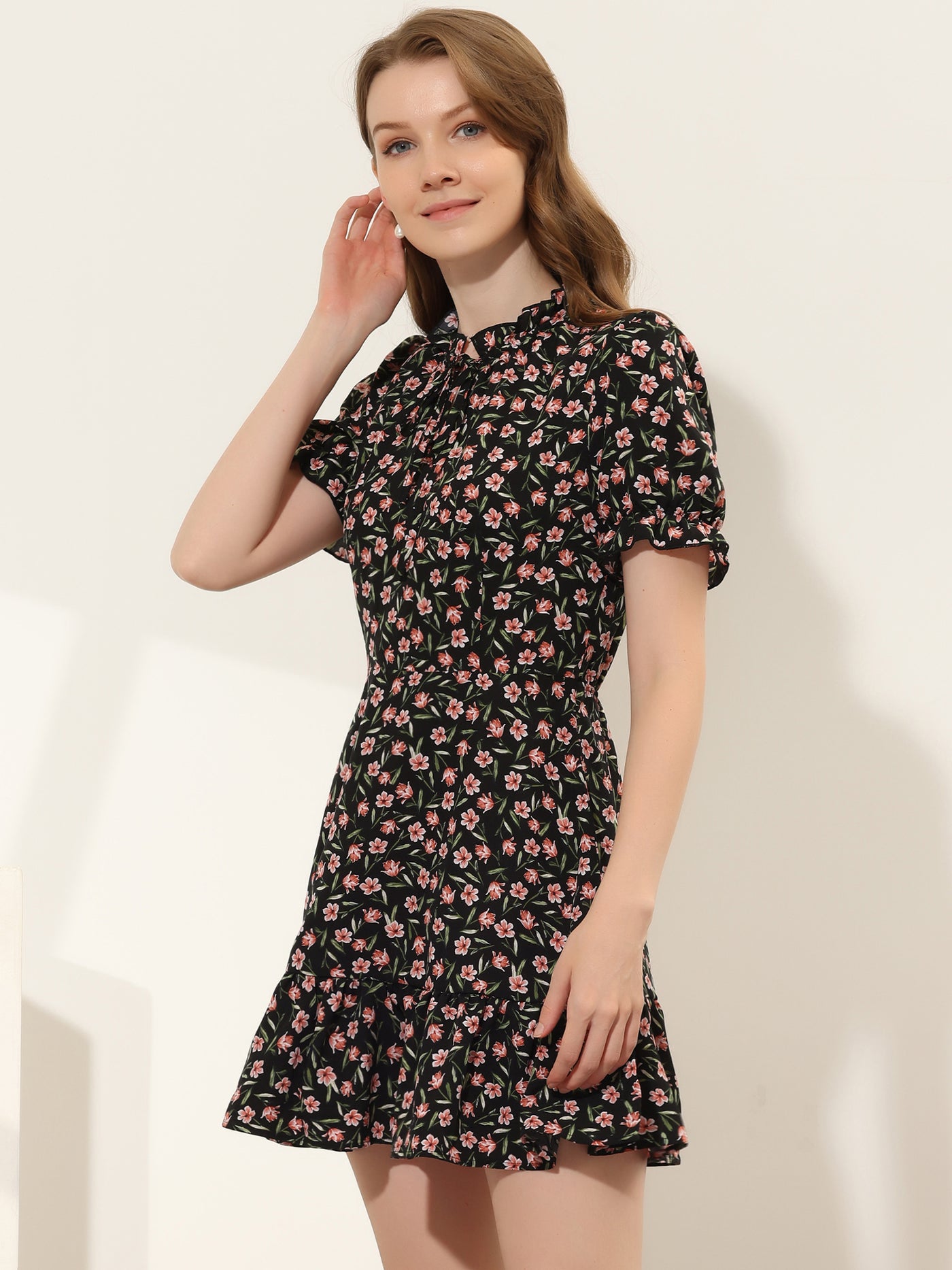 Allegra K Summer Chiffon Tie Neck Puff Short Sleeve Floral Ruffle Smock Dress