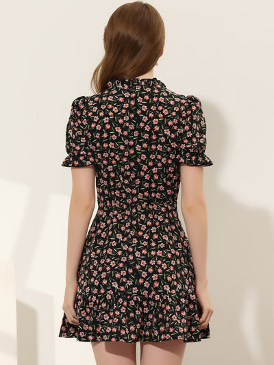 Summer Chiffon Tie Neck Puff Short Sleeve Floral Ruffle Smock Dress