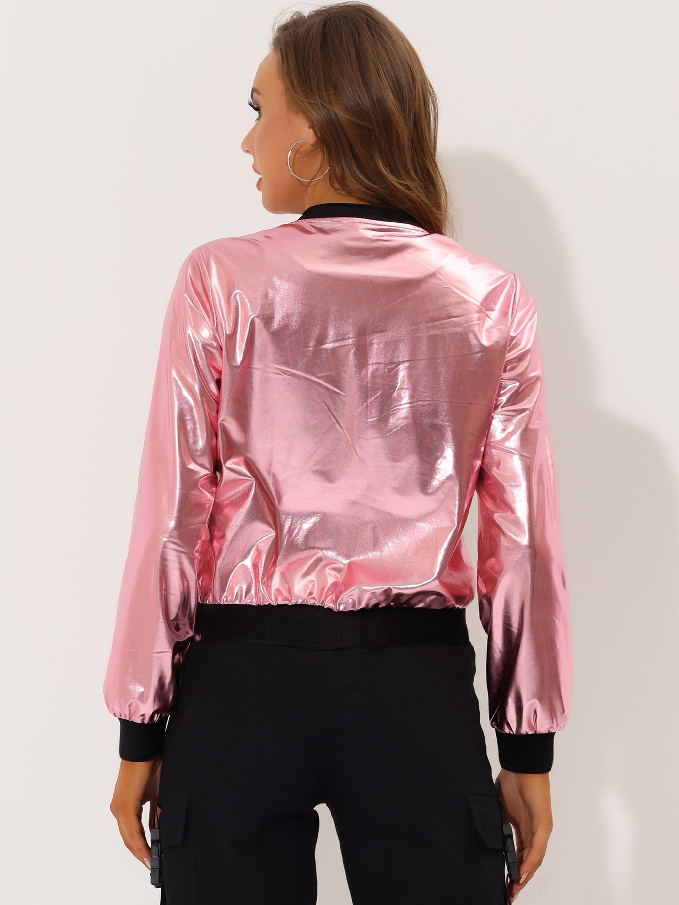 Allegra K Lightweight Holographic Shimmering Metallic Bomber Jacket