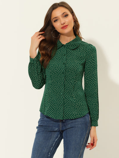 Peter Pan Collar Dots Bow Tie Neck Puff Sleeve Button Blouse