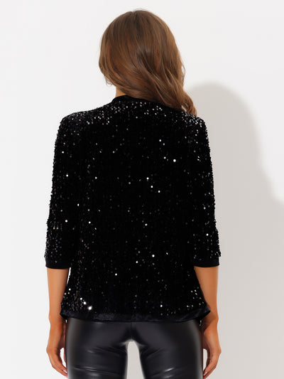 Sequin Cardigan Open Front Collarless 3/4 Sleeve Velvet Jacket