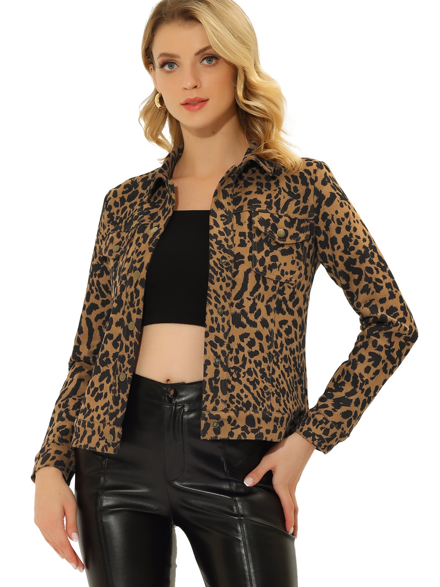 Allegra K Turn-Down Collar Leopard Snap Button Faux Suede Jacket