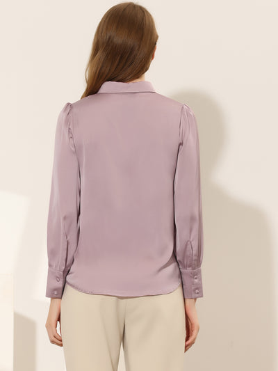 Satin Puff Sleeve Point Collar Button Up Blouse