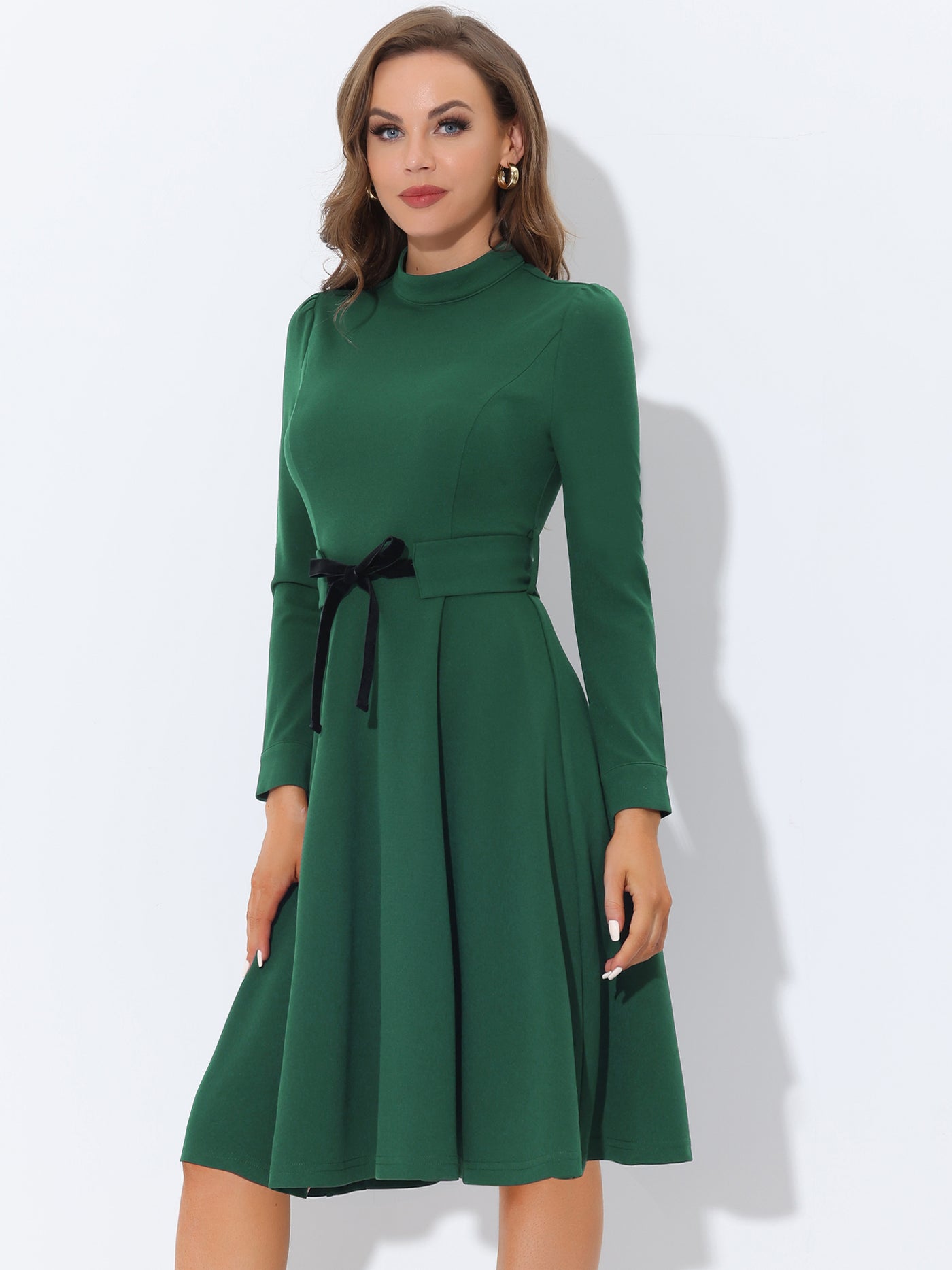 Allegra K Elegant Sheath Mock Neck Flare Long Sleeve Knit Midi Dress