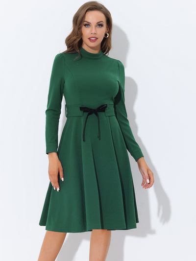 Elegant Sheath Mock Neck Flare Long Sleeve Knit Midi Dress