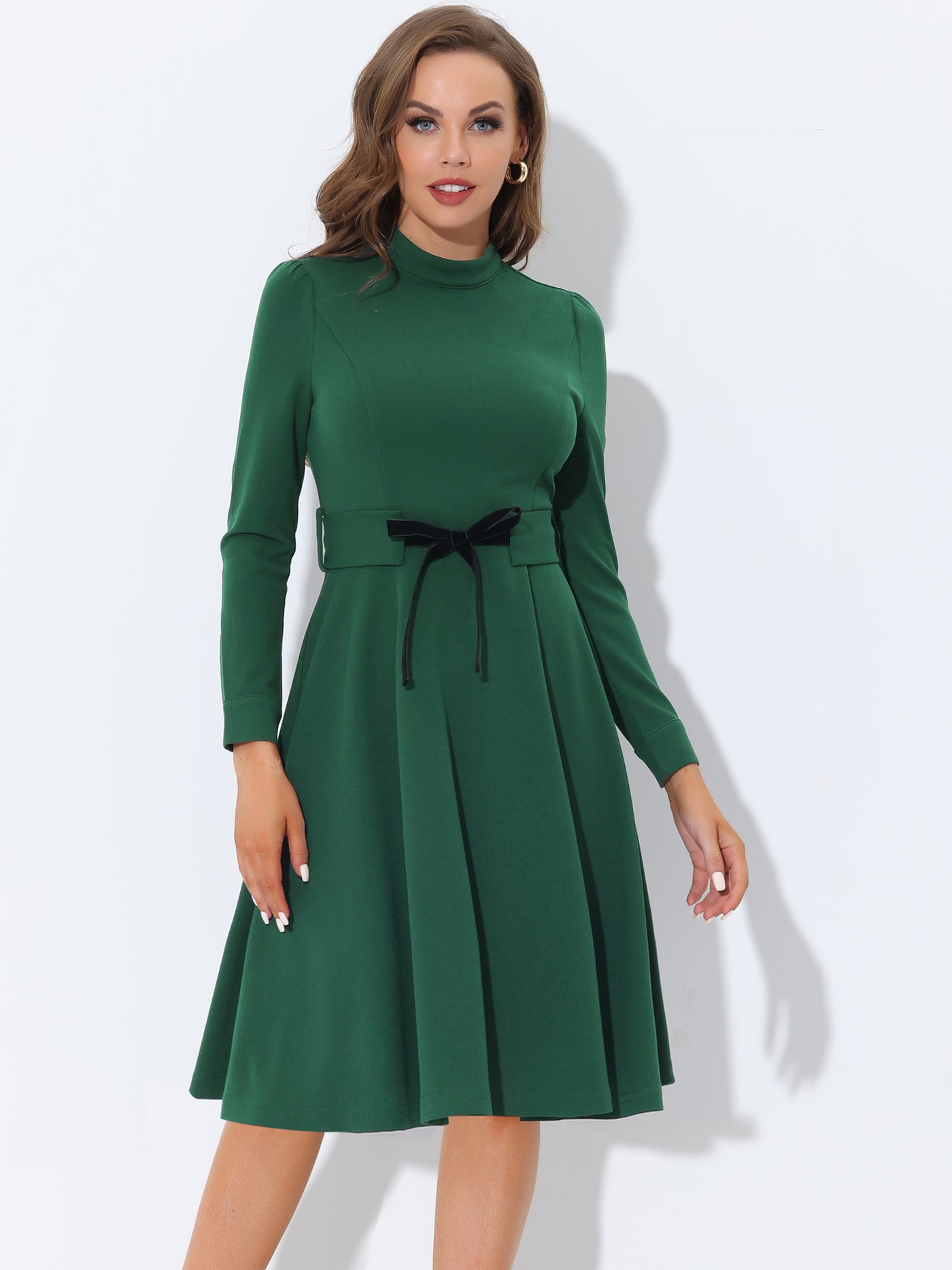 Allegra K Elegant Sheath Mock Neck Flare Long Sleeve Knit Midi Dress