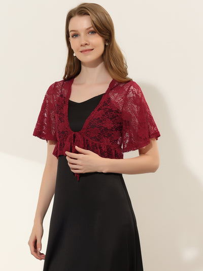 Allegra K Bolero Shawls Ruffled Short Sleeve Sheer Floral Lace Shrug Top