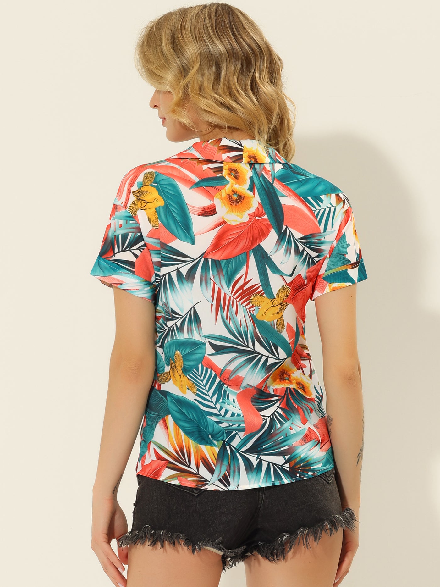 Allegra K Hawaiian Floral Leaves Point Collar Short Sleeve Button Down Shirt