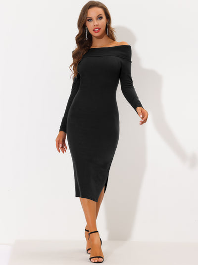 Off Shoulder Cocktail Long Sleeve Ribbed Split Midi Bodycon Dress