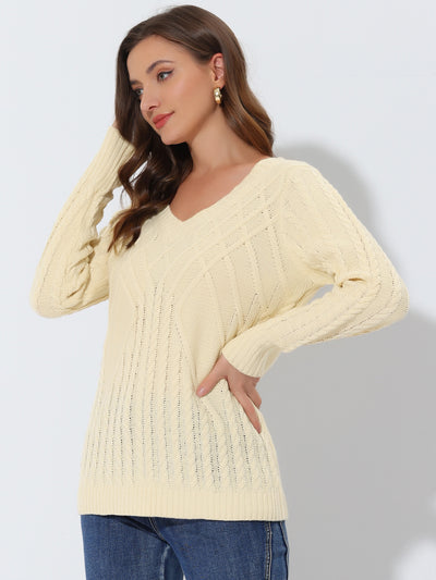 Cable Knit Long Sleeve V Neck Knit Pullover Sweater