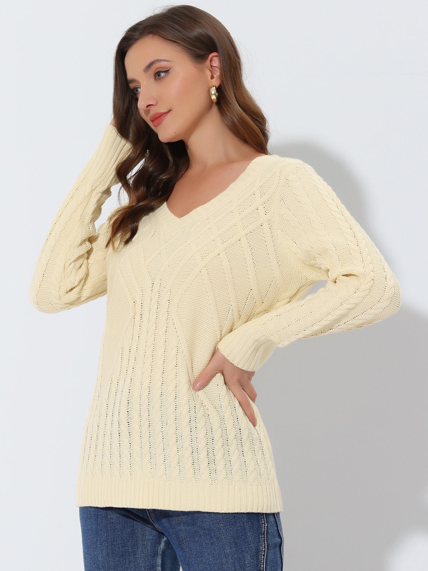 Allegra K Cable Knit Long Sleeve V Neck Knit Pullover Sweater