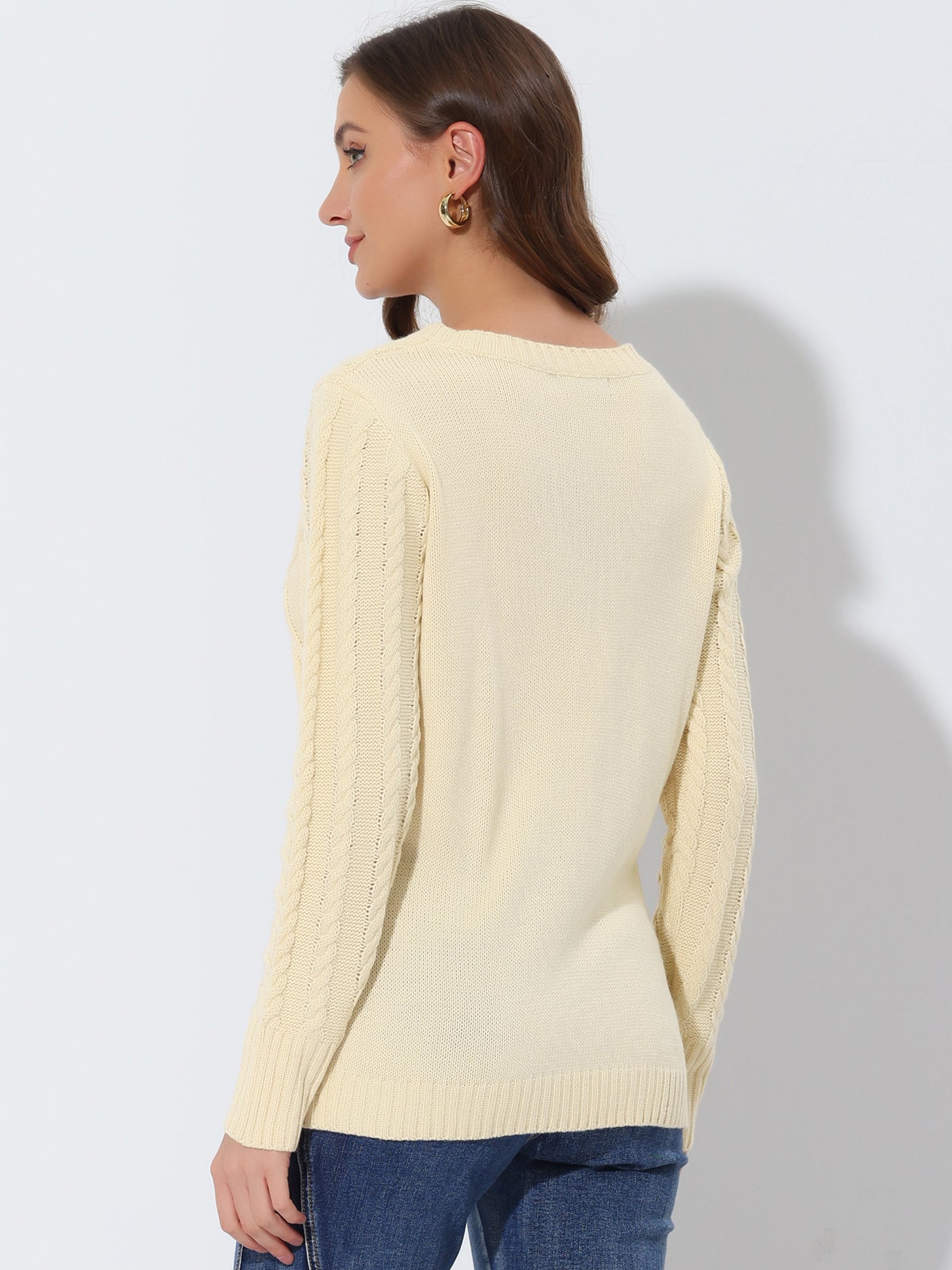 Allegra K Cable Knit Long Sleeve V Neck Knit Pullover Sweater