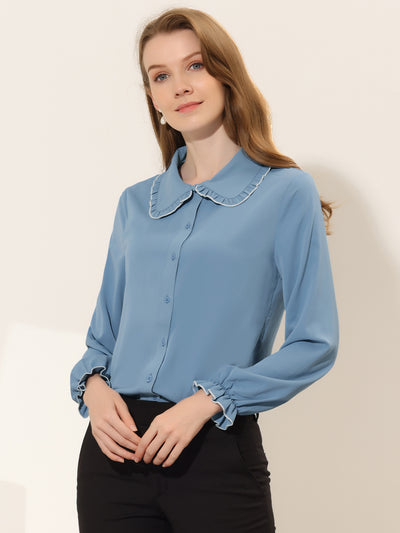 Sweet Ruffle Peter Pan Collar Long Sleeve Button Up Shirt