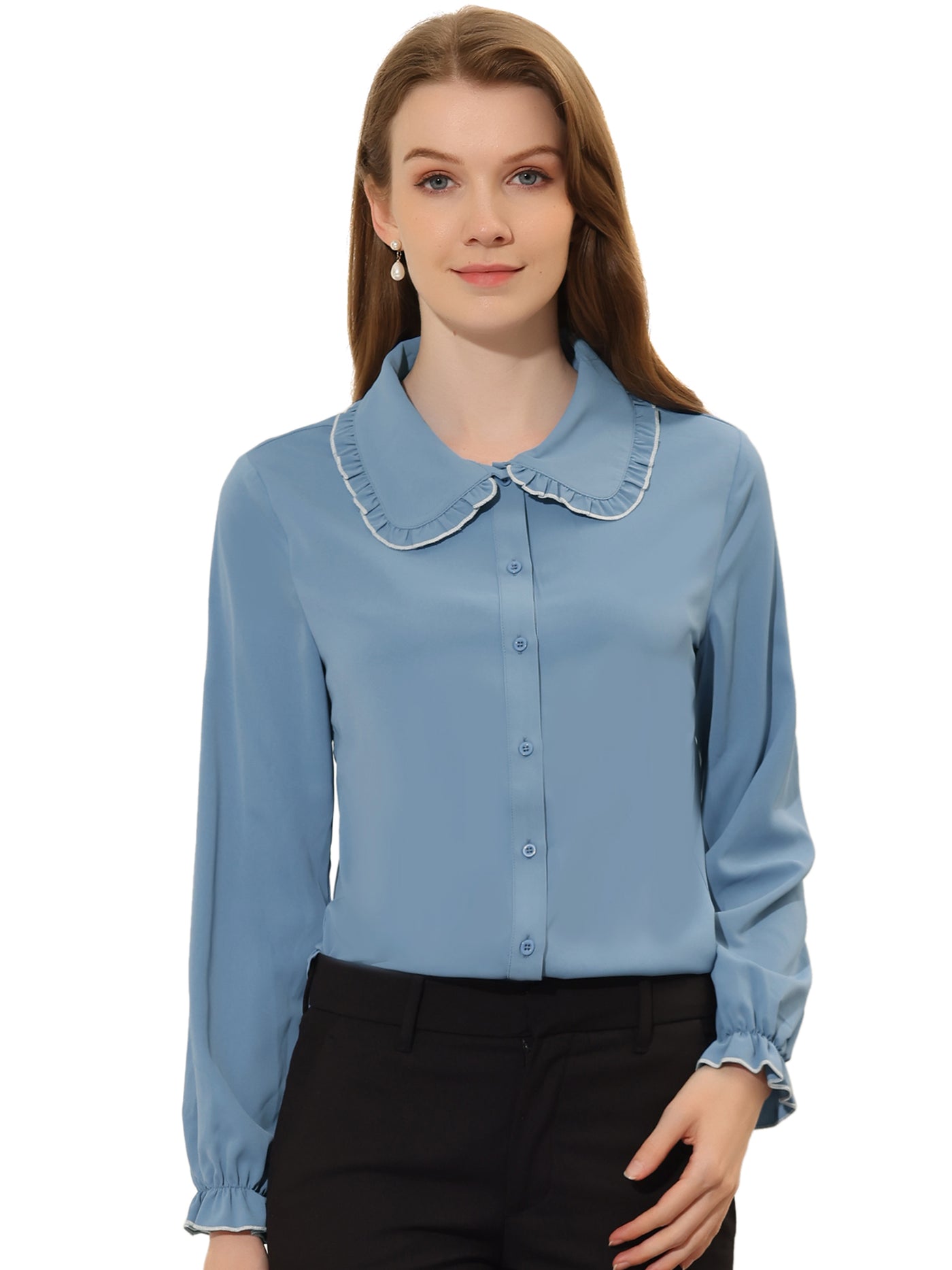 Allegra K Sweet Ruffle Peter Pan Collar Long Sleeve Button Up Shirt