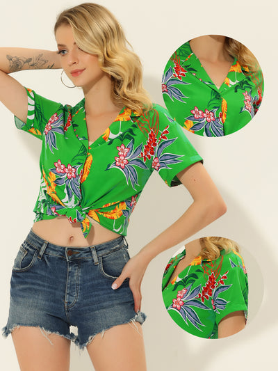 Hawaiian Floral Leaves Printed Short Sleeve Tropical Button Shirt