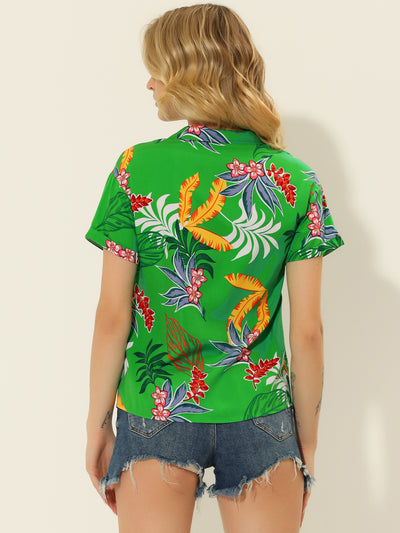 Hawaiian Floral Leaves Printed Short Sleeve Tropical Button Shirt