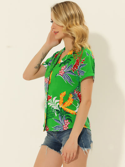 Hawaiian Floral Leaves Printed Short Sleeve Tropical Button Shirt