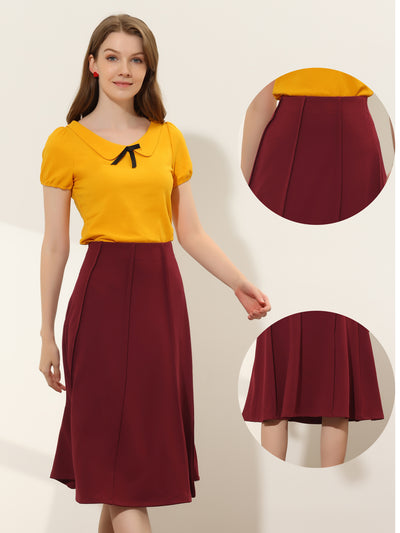 Business Casual High Waist Solid Pleated Below Knee Flared Skirt