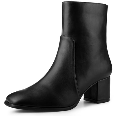 Faux Leather Square Toe Side Zip Block Heel Ankle Boots