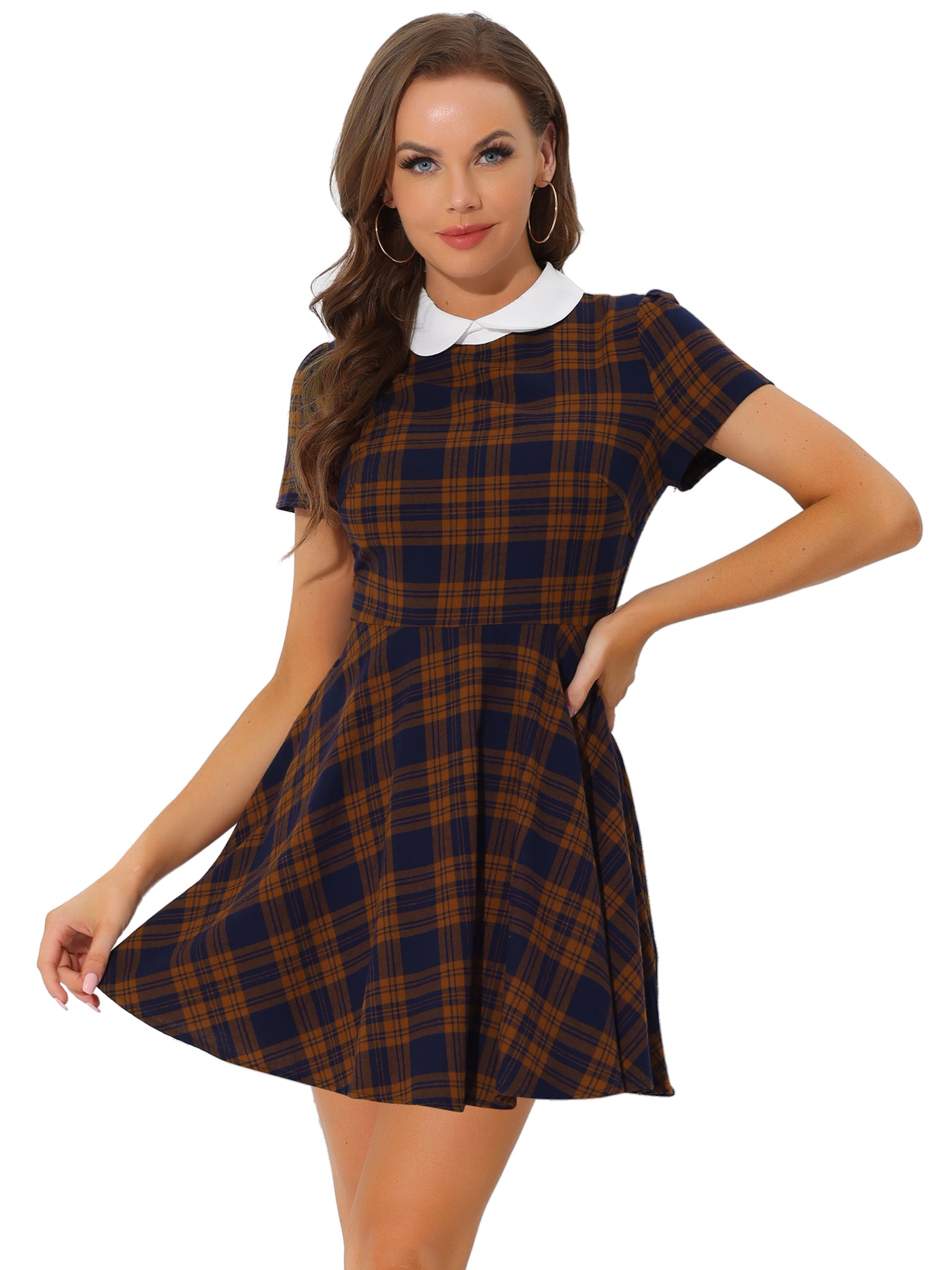 Allegra K Plaid Grid Peter Pan Collar Contrast Short Sleeve A-line Dress