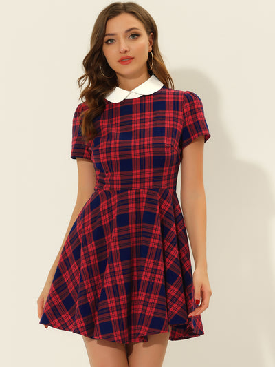 Plaid Grid Peter Pan Collar Contrast Short Sleeve A-line Dress