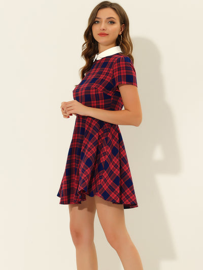 Plaid Grid Peter Pan Collar Contrast Short Sleeve A-line Dress