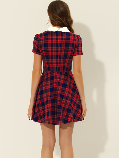 Plaid Grid Peter Pan Collar Contrast Short Sleeve A-line Dress