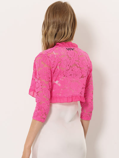 Elegant Ruffle Collar Sheer Floral Lace Crop Bolero Shrug