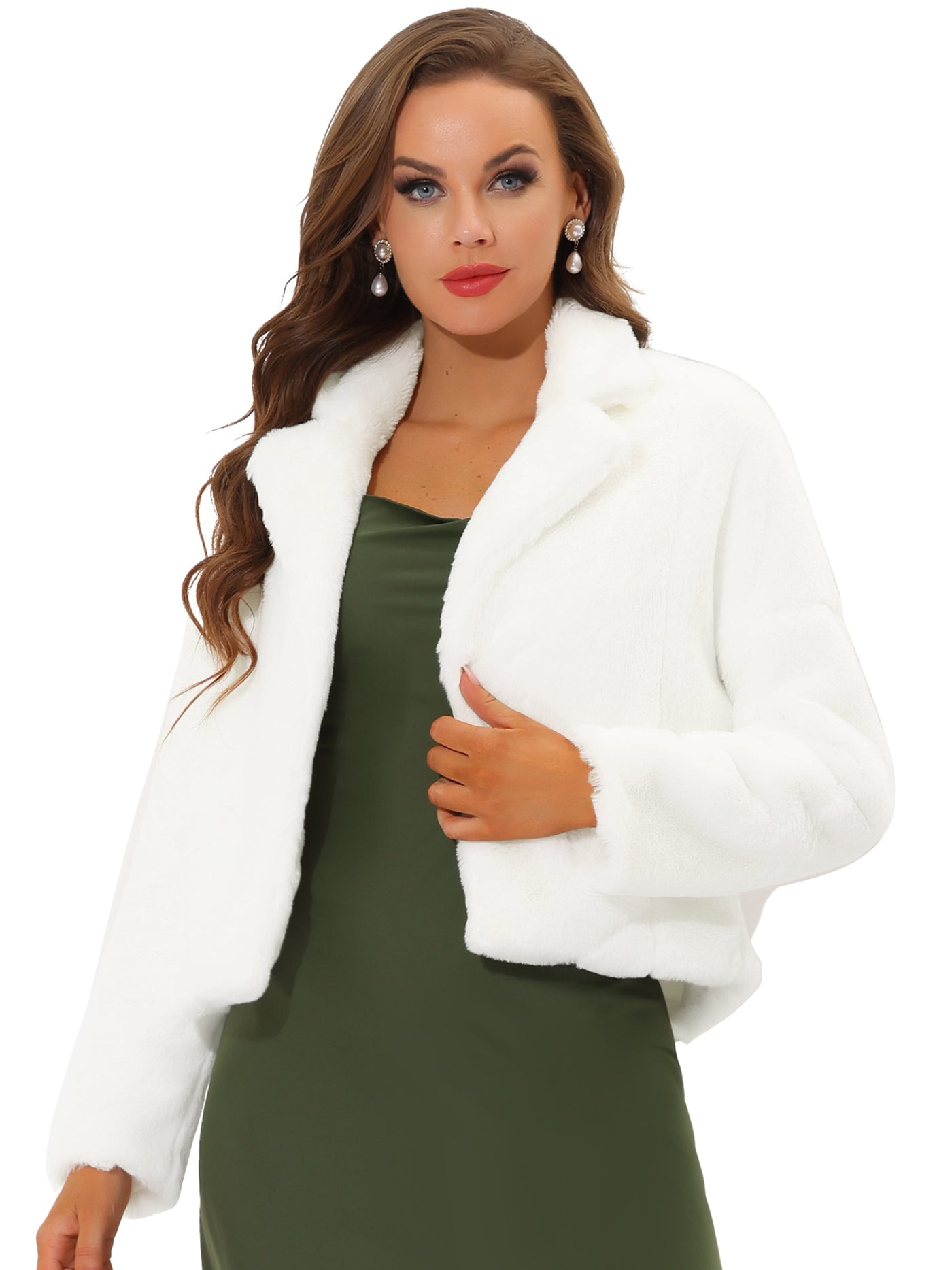 Allegra K Allegra K Cropped Jacket Notch Lapel Faux Fur Fluffy Coat