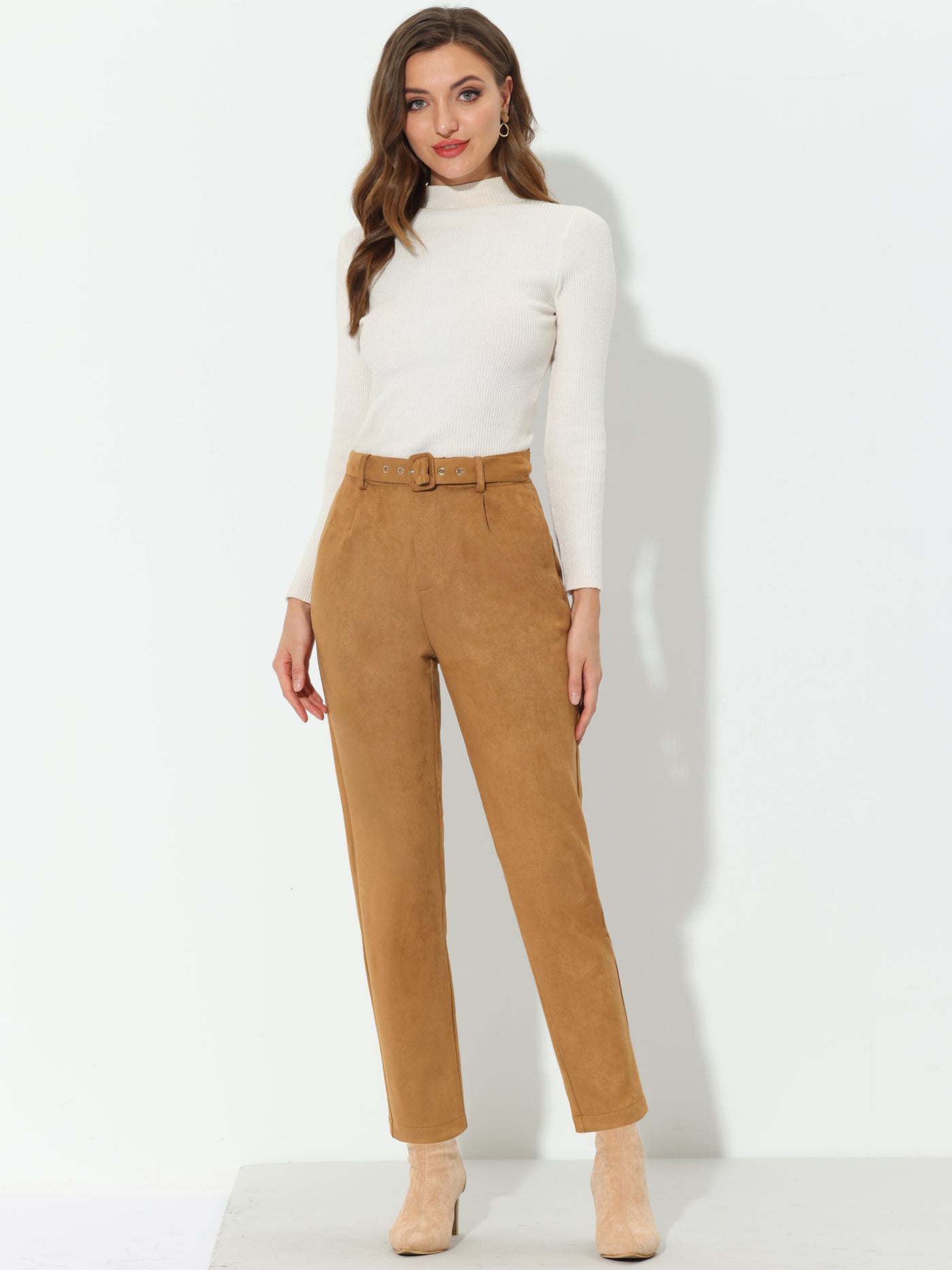 Allegra K Faux Suede Pants Casual High Waist Belted Straight Legs Trousers