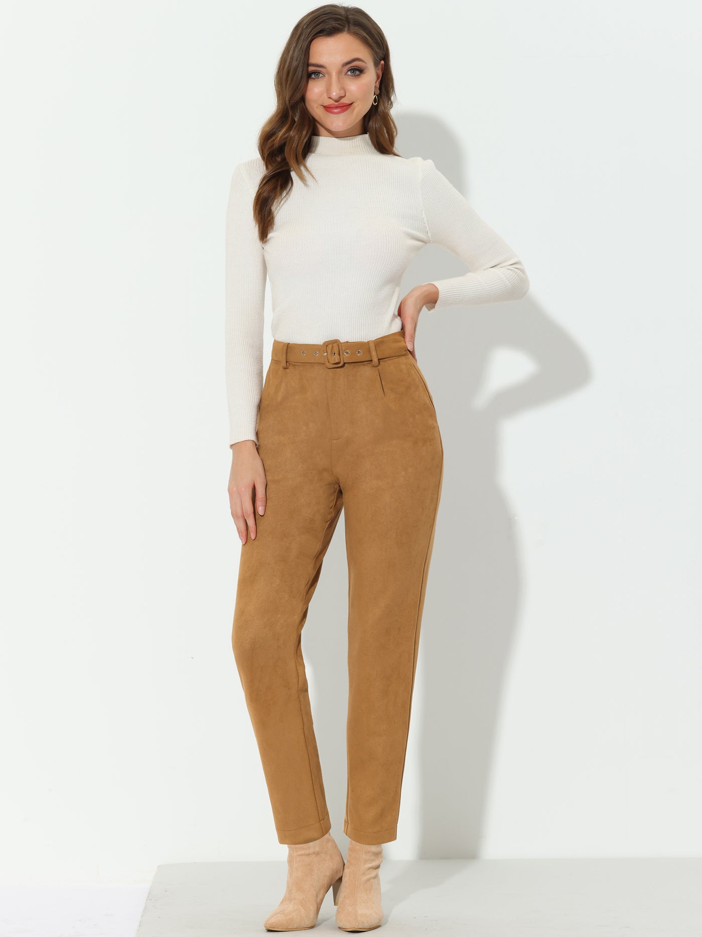 Allegra K Faux Suede Pants Casual High Waist Belted Straight Legs Trousers
