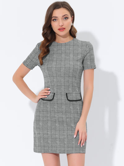 Allegra K Work Short Sleeve Vintage Houndstooth Pencil Sheath Dress