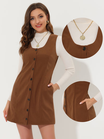 Corduroy Overall Scoop Neck Sleeveless Button Pinefore Dress