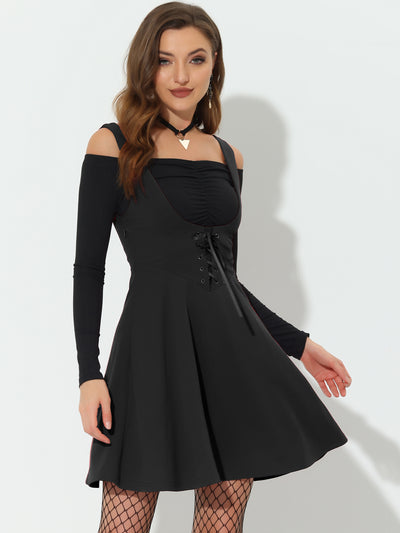 Halloween Suspender Gothic Lace Up A-Line Mini Overall Skirt