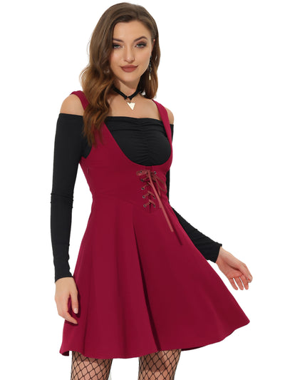 Halloween Suspender Gothic Lace Up A-Line Mini Overall Skirt