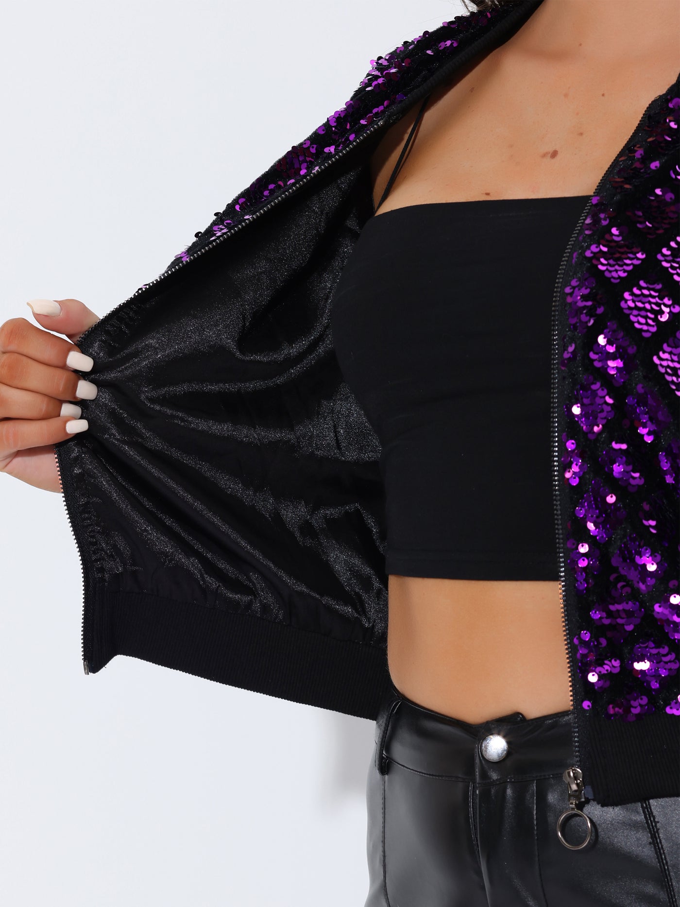 Allegra K Sequin Long Sleeve Zipper Up Glitter Bomber Jacket