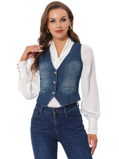 Denim Jakcet Sleeveless V Neck Button Down Casual Jean Waistcoat Vest