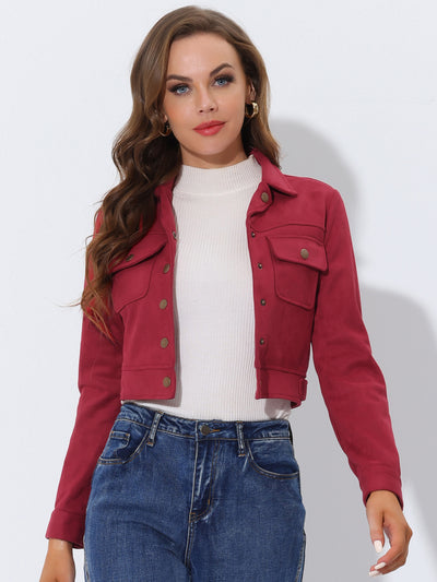 Faux Suede Jacket Button Down Collar Pockets Crop Moto Biker Coat