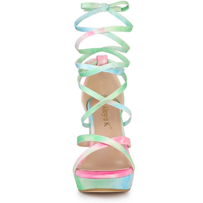 Tie Dye Platform Chunky Heel Lace Up Sandals