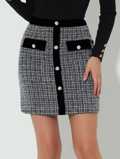 Plaid Tweed Contrast Color Button Decor Business Casual Mini Skirt