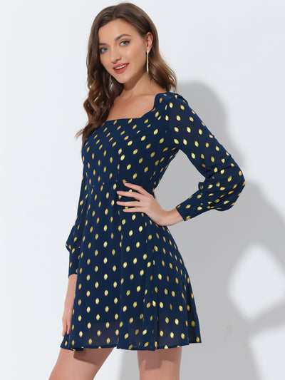 Square Neck Long Puff Sleeve Metallic Polka Dot A-Line Dress