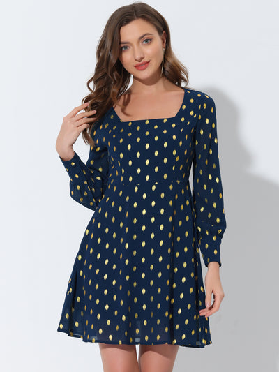 Square Neck Long Puff Sleeve Metallic Polka Dot A-Line Dress