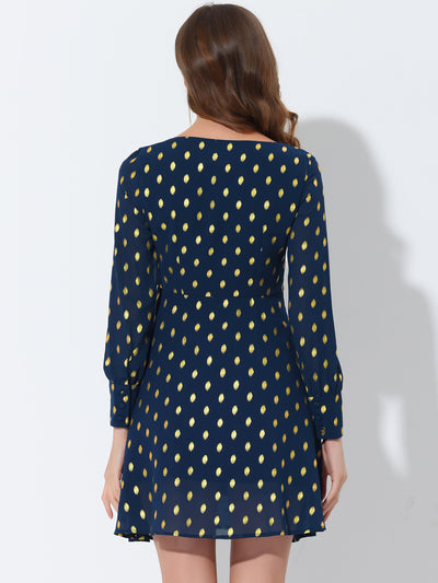 Square Neck Long Puff Sleeve Metallic Polka Dot A-Line Dress