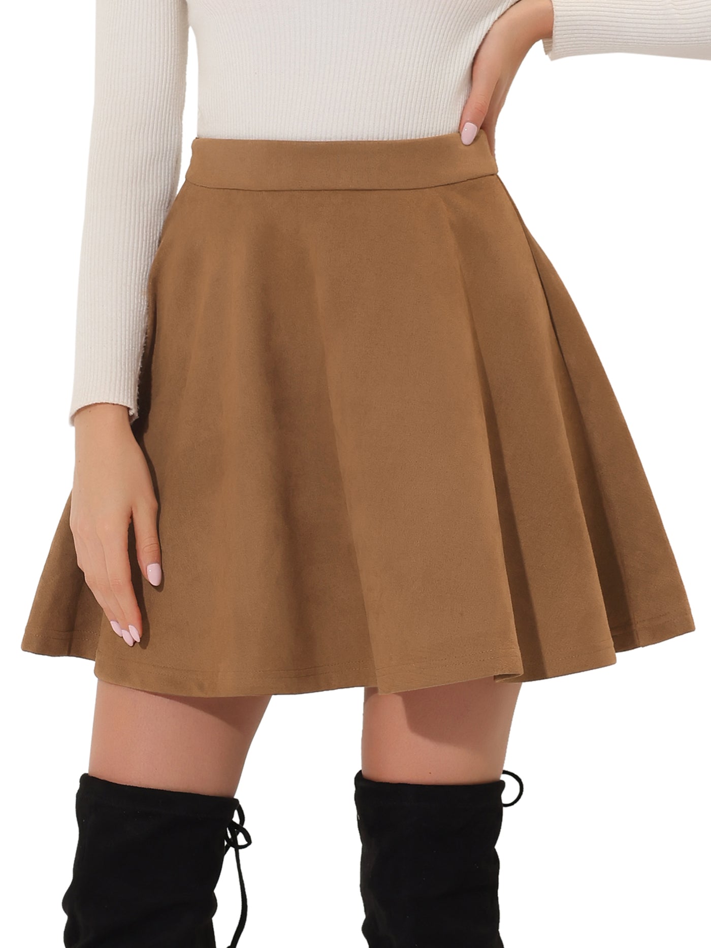 Allegra K Faux Suede Basic Short Flared Casual Mini Skater Skirt