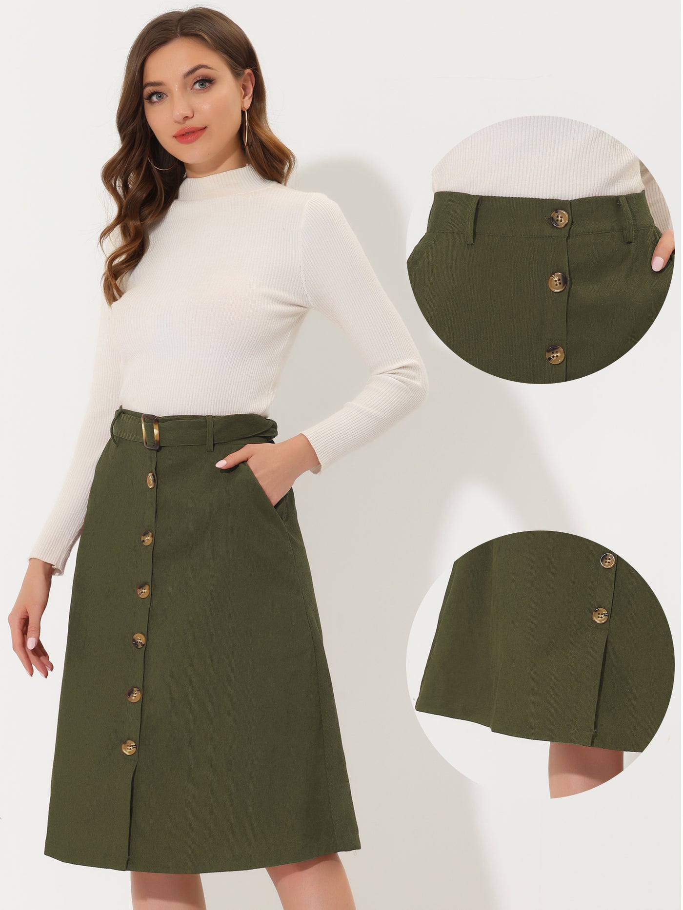 Allegra K High Waist Button Front Belted Corduroy A-Line Midi Skirt